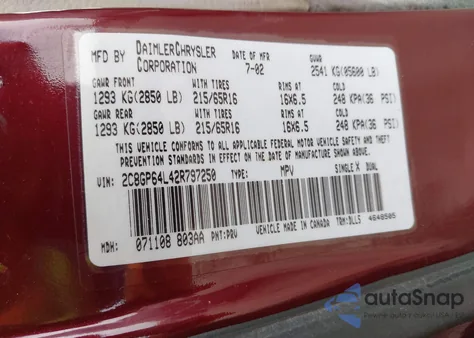 2002 Chrysler Town & Country Limited from USA, damaged, VIN 2C8GP64L42R797250